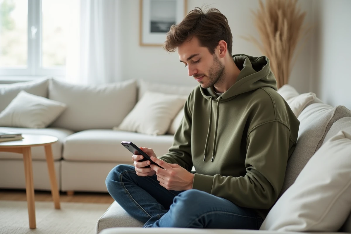 Jeune personne sur un canapé cherchant un signe spécial sur le clavier de son smartphone