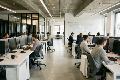 Vue d'ensemble d'un bureau informatique moderne en Meurthe-et-Moselle avec des professionnels collaborant autour de postes de travail