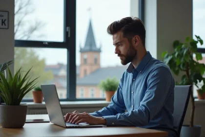 Homme en bureau à Strasbourg travaillant sur un ordinateur