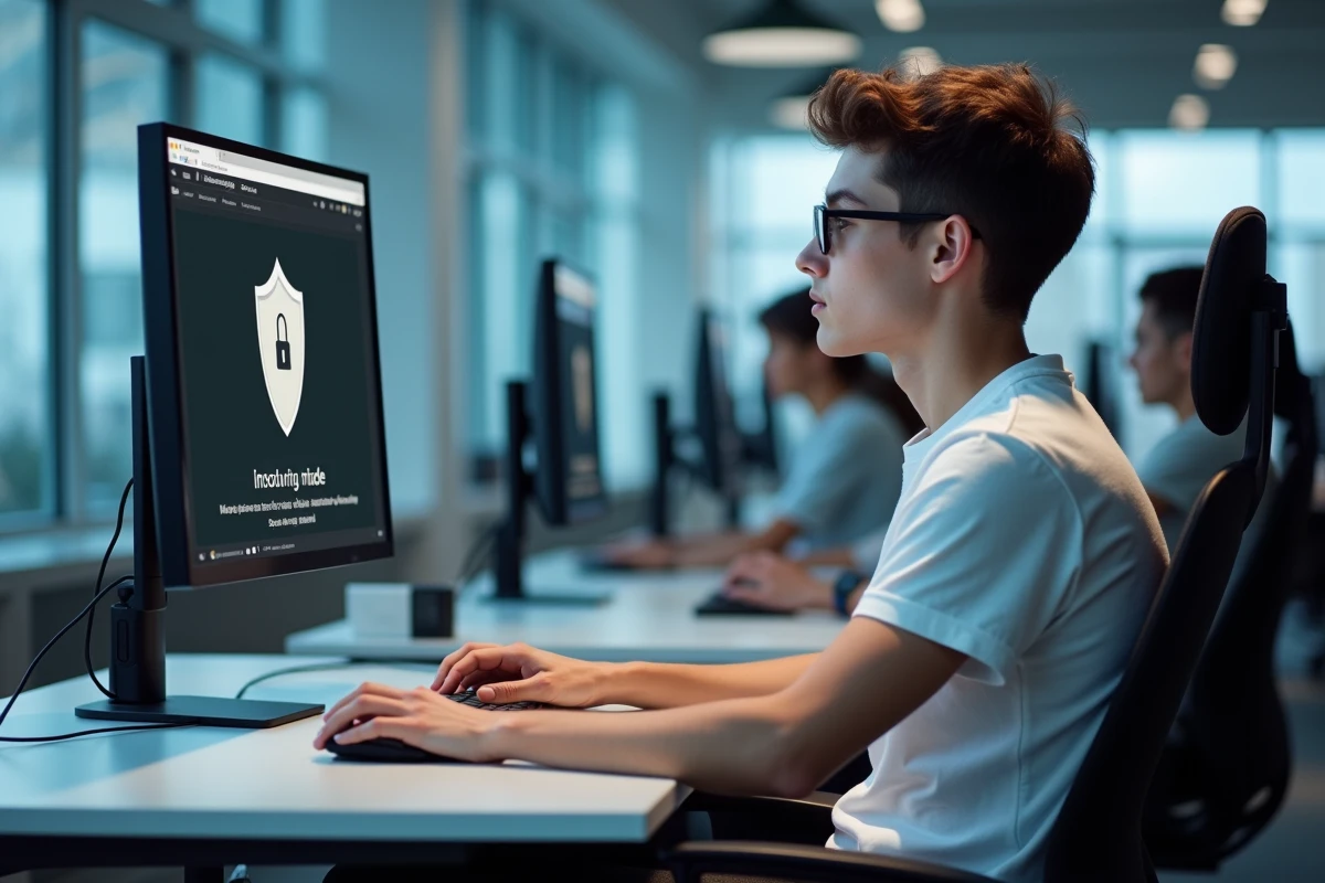 Jeune professionnel en navigation privée sur Google dans un espace de travail moderne