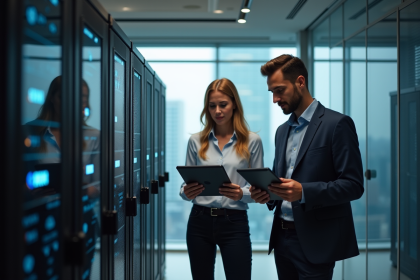 Groupe de professionnels IT autour d'un serveur avec un dispositif edge