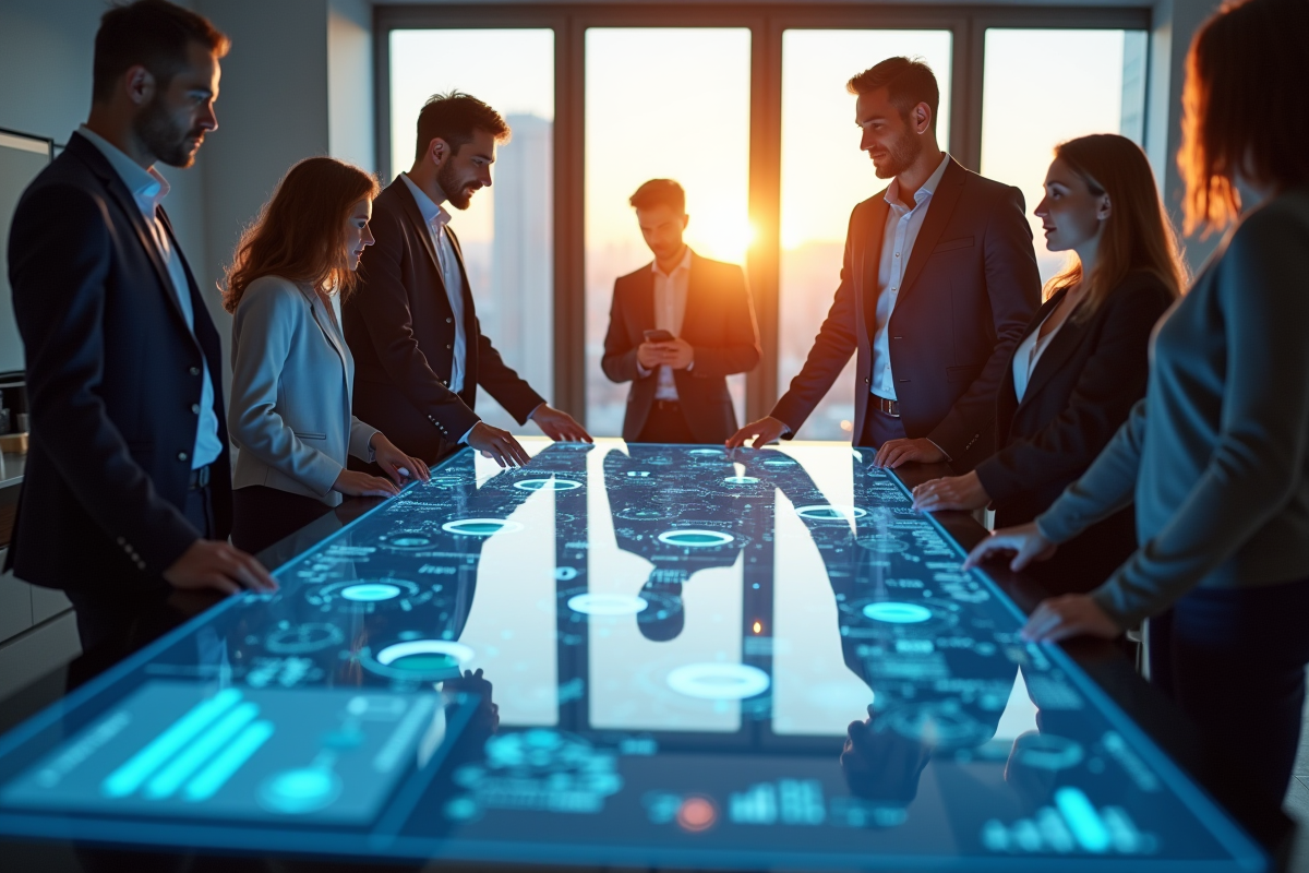 Groupe de professionnels autour d'une table digitale moderne