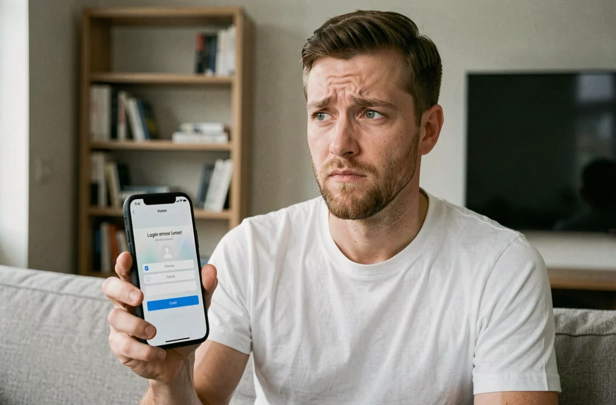 Homme tenant un smartphone affichant une erreur de connexion lors d'une tentative de récupération de mot de passe