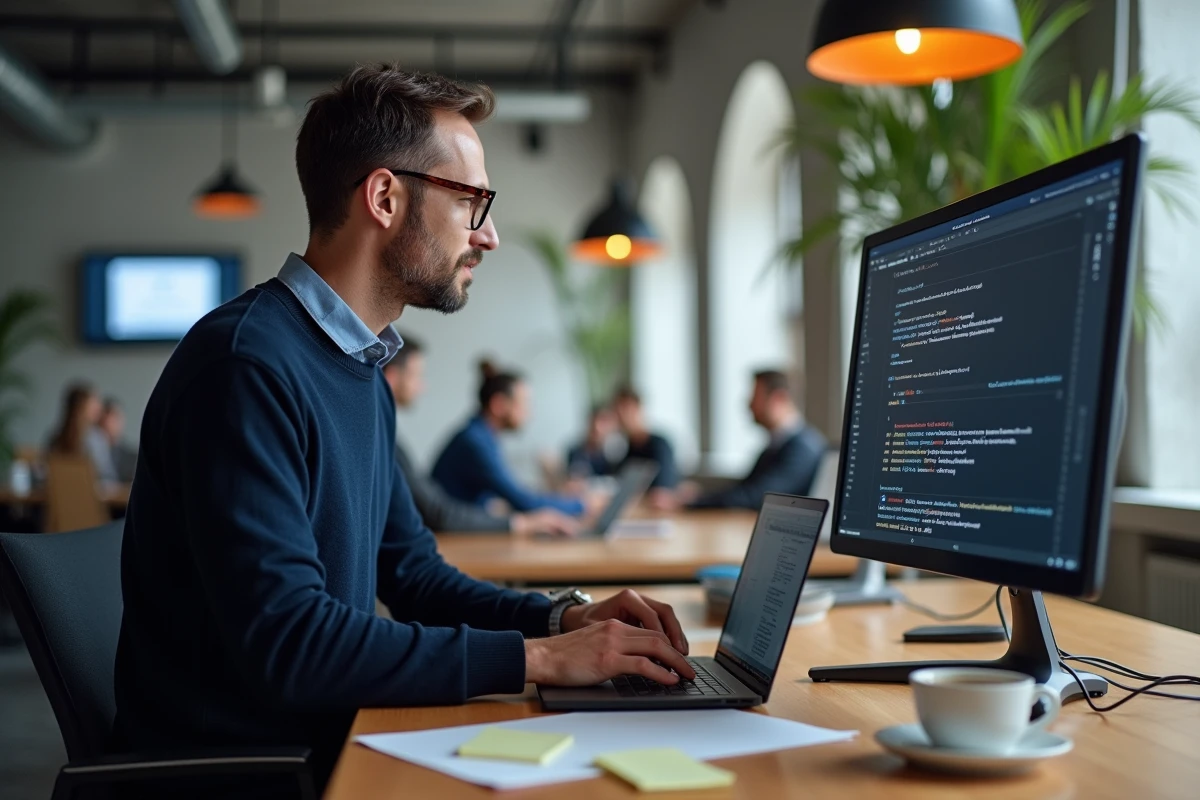 Rédacteur utilisant un logiciel de comptage de signes en français sur ordinateur dans un open space éditorial moderne