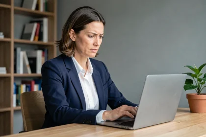 Femme en blazer marine configurant les paramètres de confidentialité de ses emails sur un ordinateur portable dans un bureau à domicile moderne
