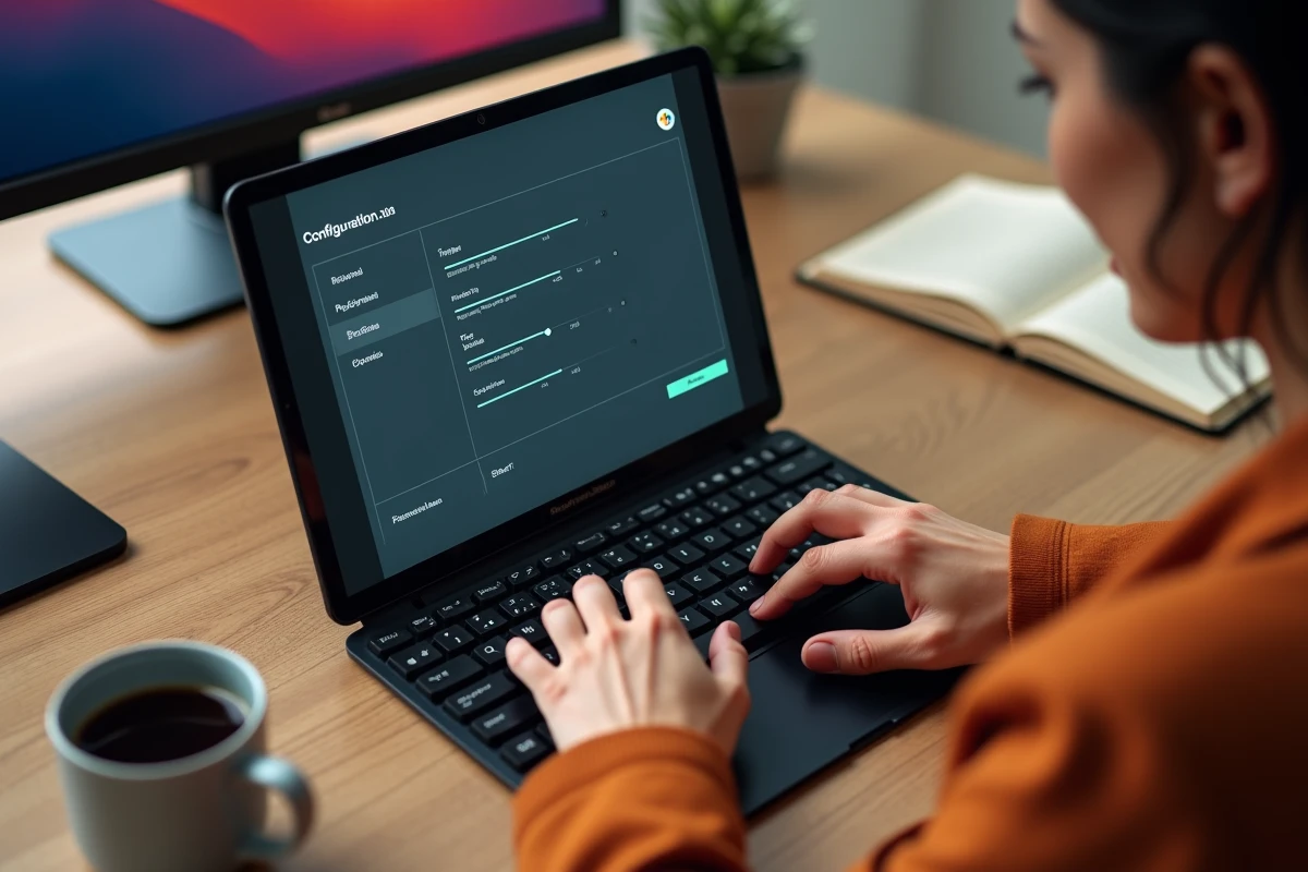 Mains d'une professionnelle réglant les paramètres d'un générateur d'images IA sur tablette pour créer des visuels viraux