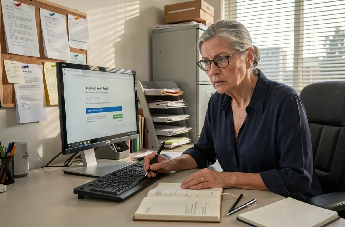 Femme senior au bureau consultant un email de réinitialisation de mot de passe sur un ordinateur de bureau en entreprise