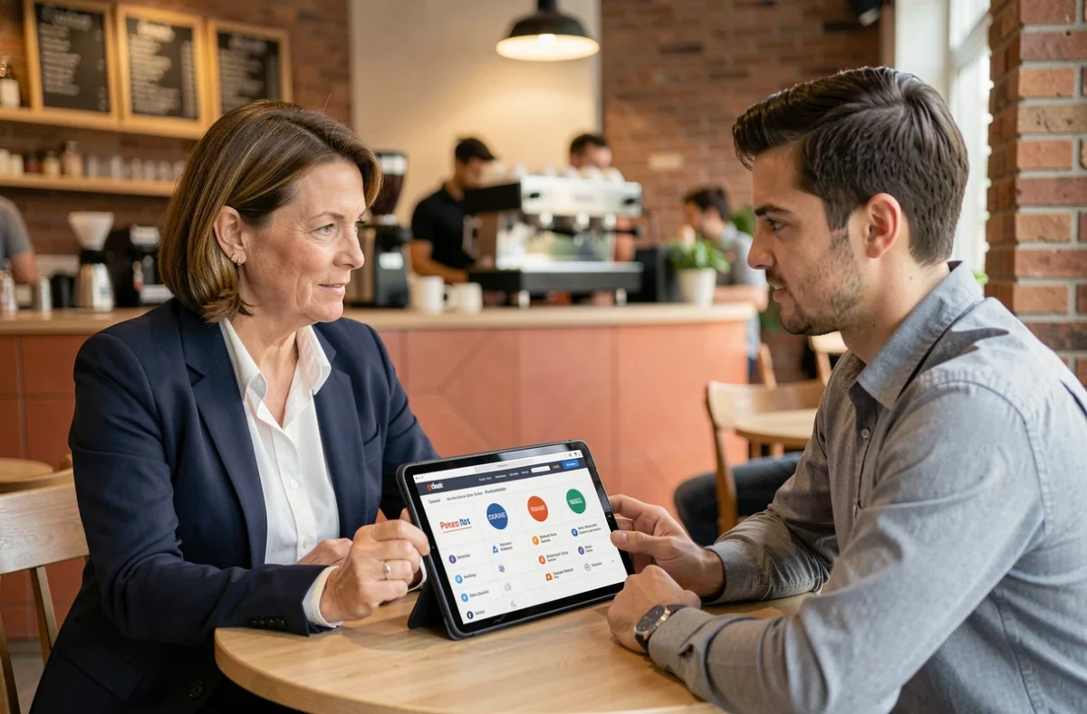 Réunion professionnelle autour du choix entre Wix et WordPress dans un café moderne