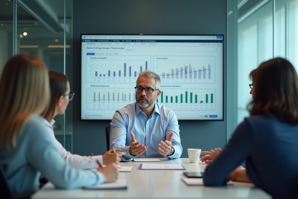 Homme en réunion montrant un tableau Excel à ses collègues
