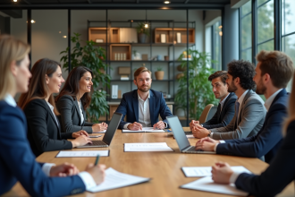 Groupe de professionnels en réunion autour d'une table avec checklist GDPR
