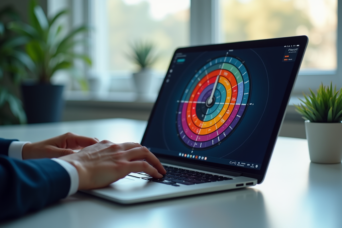 Main tournant une roue colorée sur un ordinateur portable