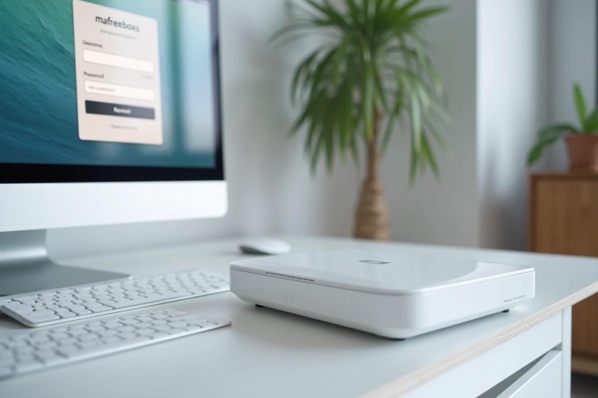Routeur Freebox posé sur un bureau avec l'écran de connexion mafreeboxos affiché sur un moniteur