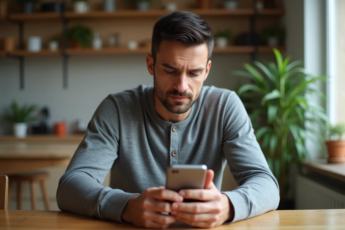 Homme consultant les paramètres d'authentification sécurisée sur un Samsung Galaxy dans un appartement moderne