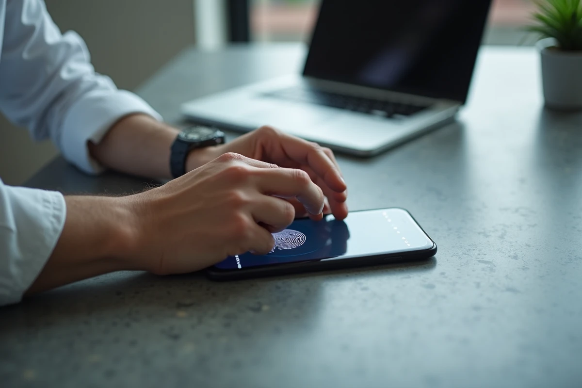 Gros plan sur des mains utilisant le capteur d'empreinte digitale d'un Samsung Galaxy sur un bureau en béton dans un espace de coworking