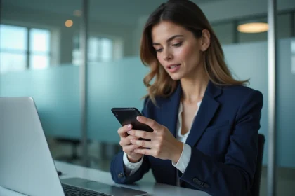 Femme professionnelle utilisant un Samsung Galaxy pour gérer la sécurité de ses données dans un bureau moderne