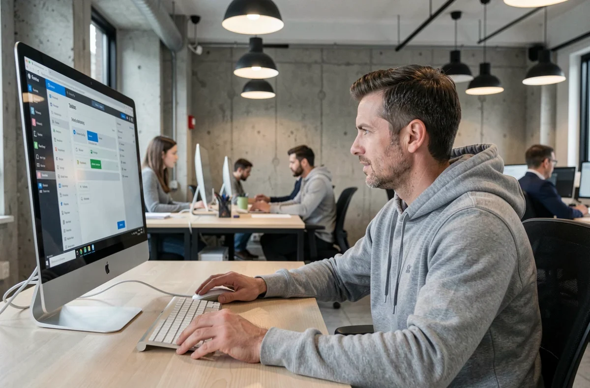 Homme en sweat gris consultant les options de sécurité de messagerie sur un grand écran dans un espace de coworking contemporain