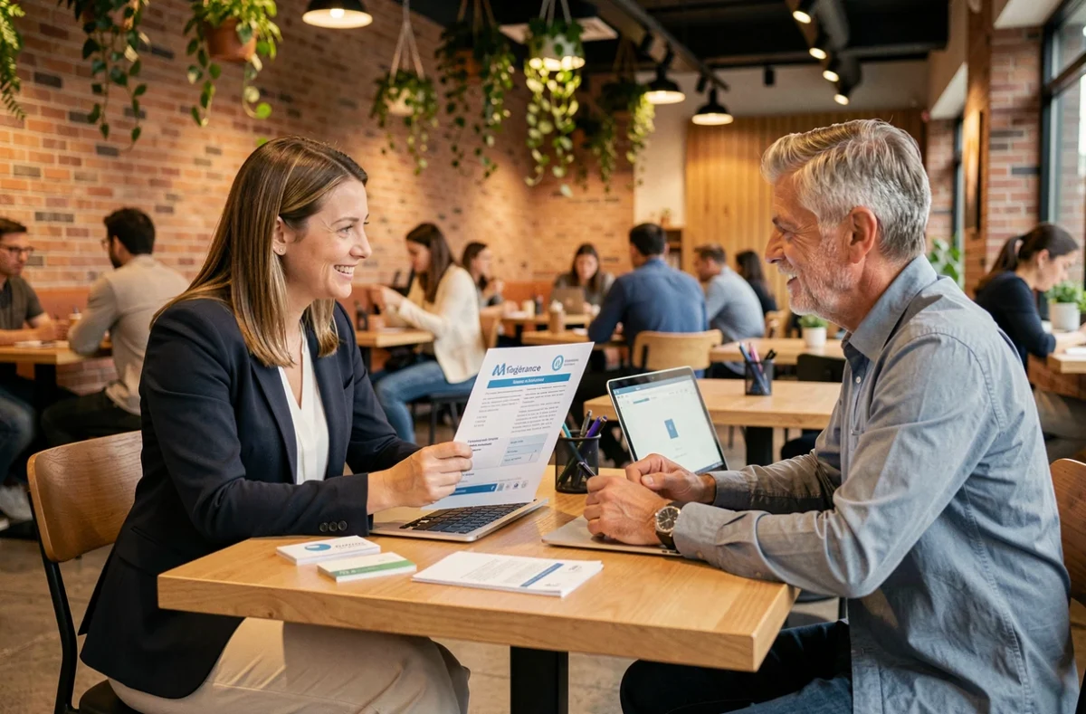 Conseillère Societal accompagnant un dirigeant de PME dans la présentation d'un contrat d'infogérance autour d'une table de réunion