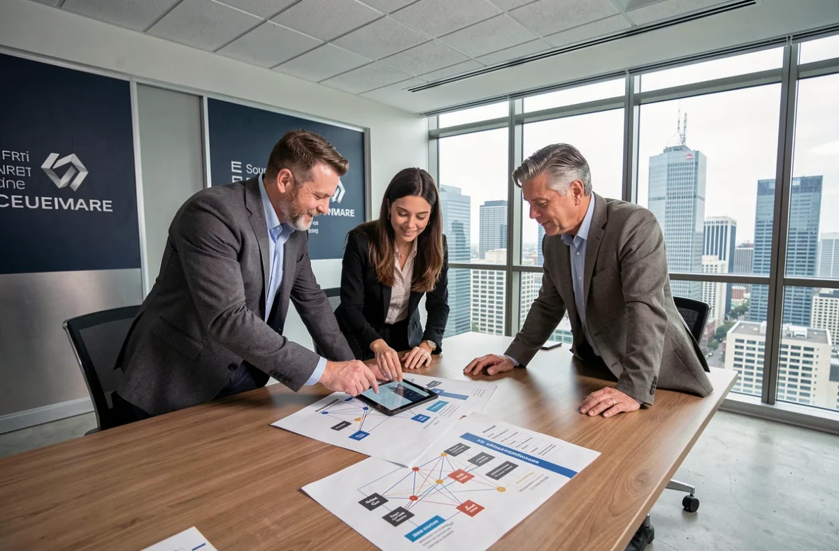 Équipe de consultants Sopra Steria collaborant sur une stratégie de cybersécurité intégrée pour grands comptes en salle de réunion