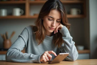 Femme supprimant un contact sur Messenger depuis son smartphone dans une cuisine