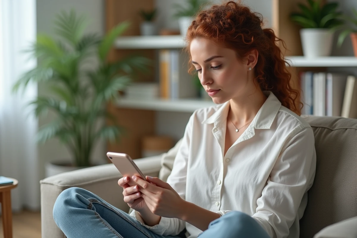 Jeune femme nettoyant ses contacts Messenger sur son téléphone dans un salon