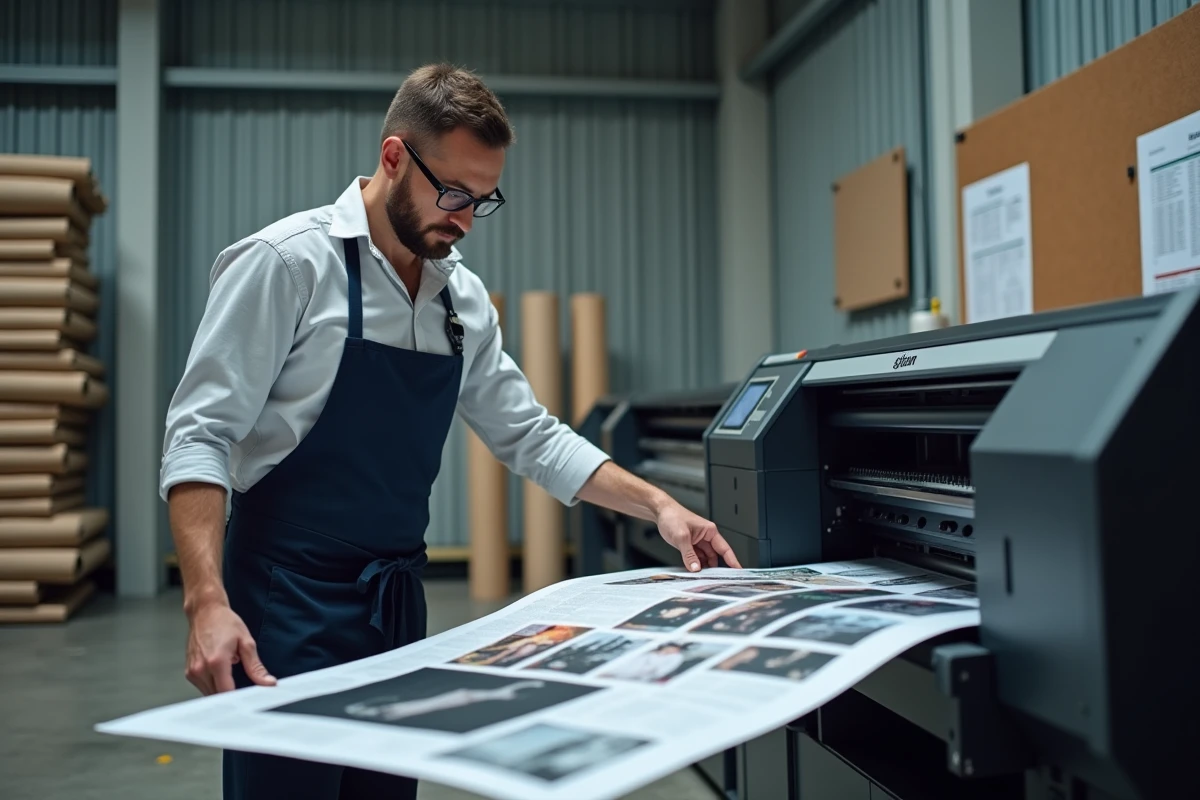 Technicien en reprographie inspectant une épreuve imprimée grand format sortant d'une imprimante professionnelle dans un atelier industriel, vérifiant la qualité de résolution et les couleurs