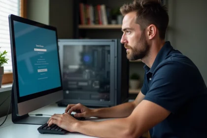 Technicien installant un système d'exploitation sur un nouveau PC de bureau en 2026