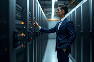 Jeune professionnel examine un rack de serveurs en data center