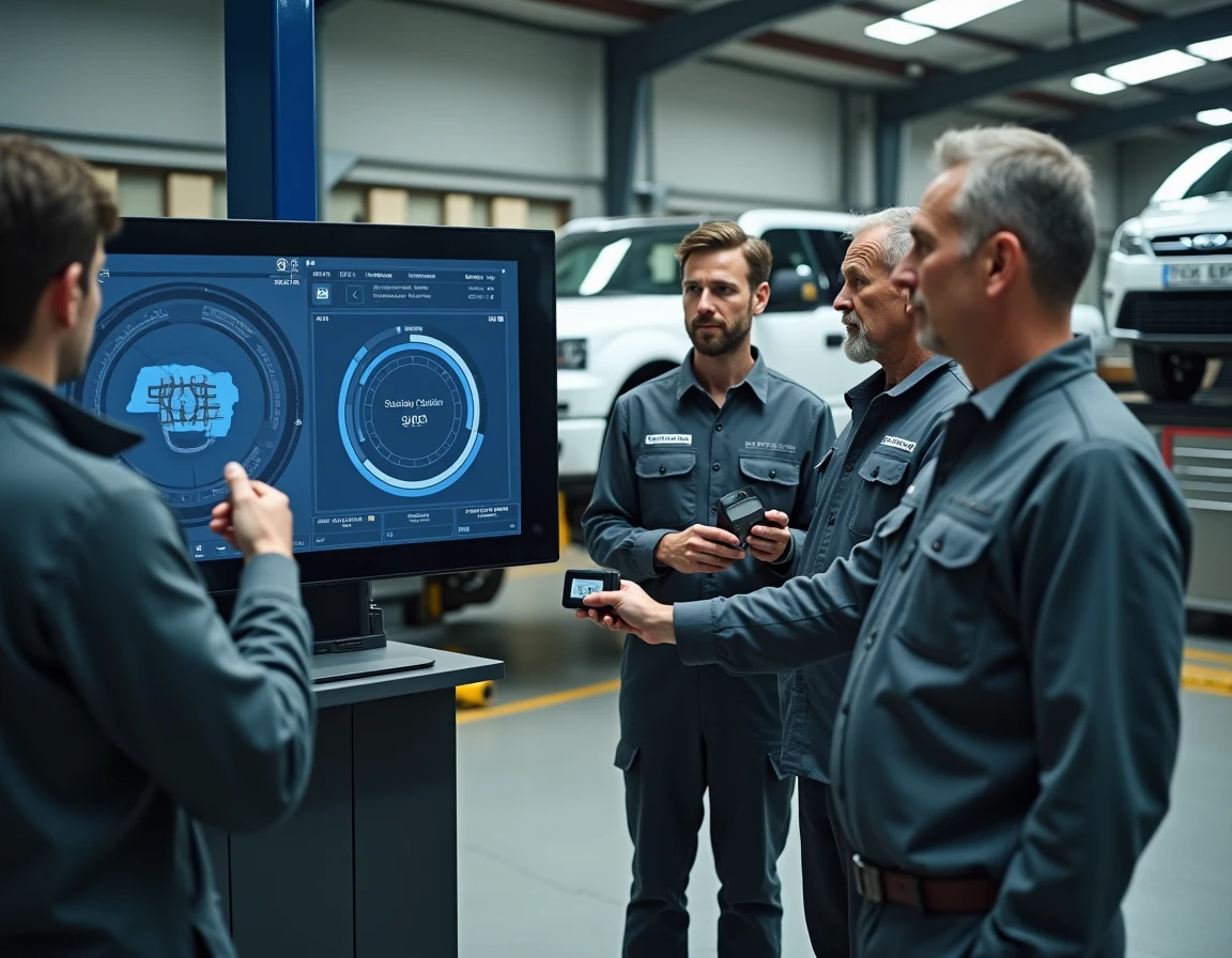 Groupe de techniciens automobiles en formation sur le logiciel de diagnostic Epsilon Scan Tool dans un garage professionnel