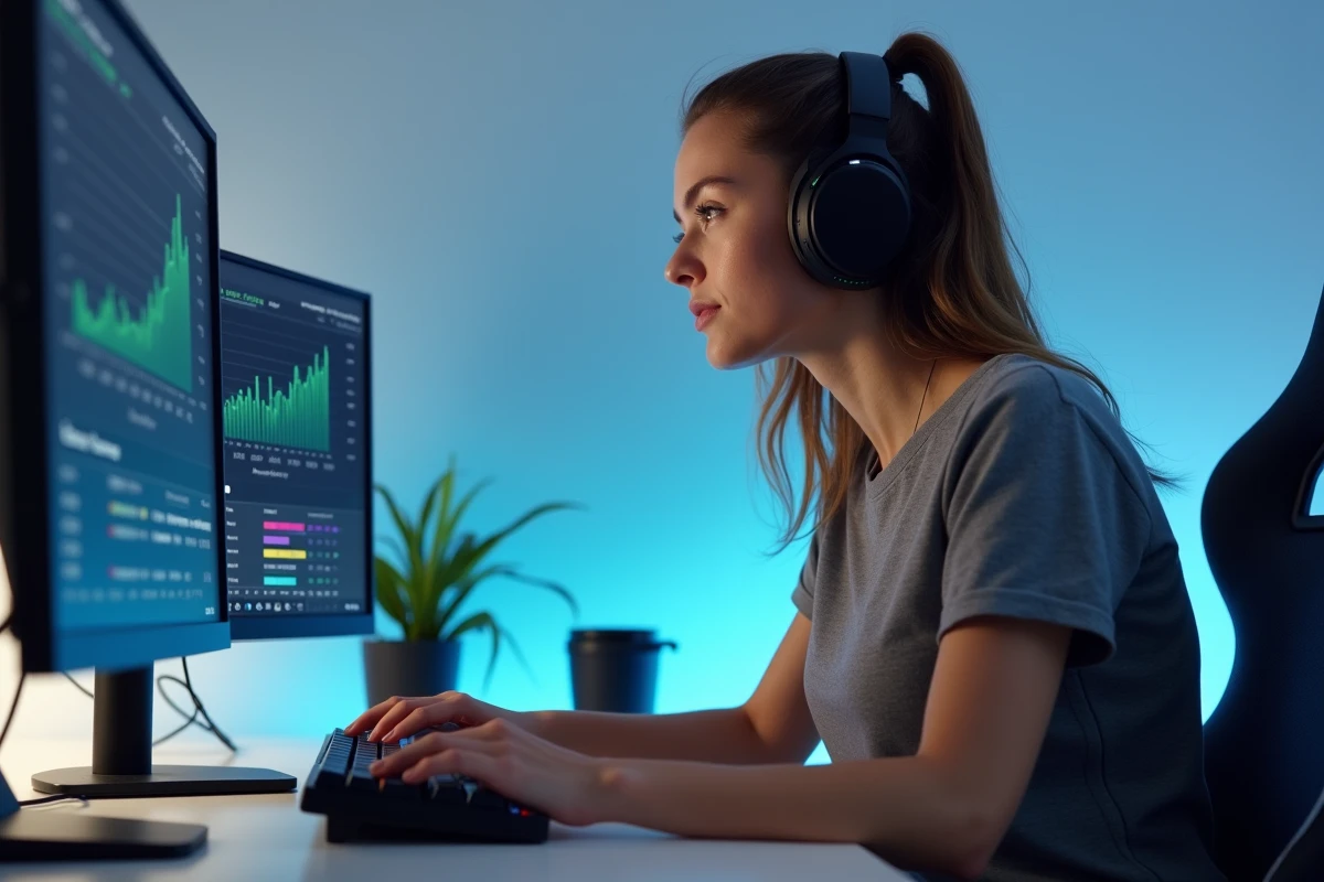 Joueuse mesurant ses actions par minute sur un clavier gaming tenkeyless dans un setup minimaliste