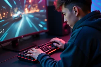 Gamer concentré tapant rapidement sur un clavier mécanique RGB lors d'un test de rapidité de frappe