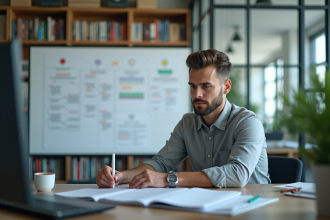 Jeune testeur logiciel au bureau avec tableau blanc