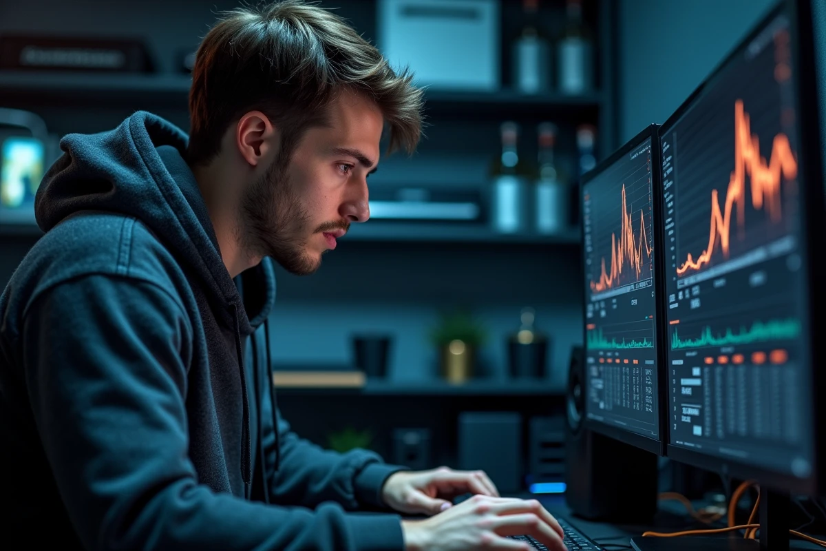Homme concentré analysant les données de fréquence de rafraîchissement sur un écran OLED 27 pouces dans un espace tech