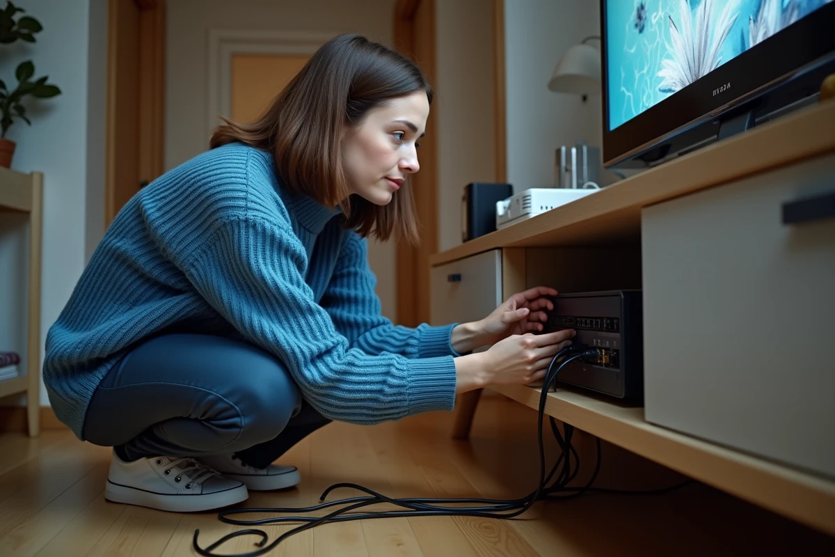 Femme vérifiant les câbles et branchements d'un décodeur Bouygues pour résoudre un code erreur C1 ou S1