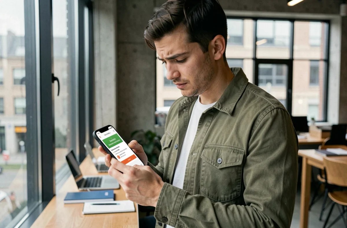 Jeune homme vérifiant l'état d'un service web indisponible sur son smartphone dans un espace de coworking