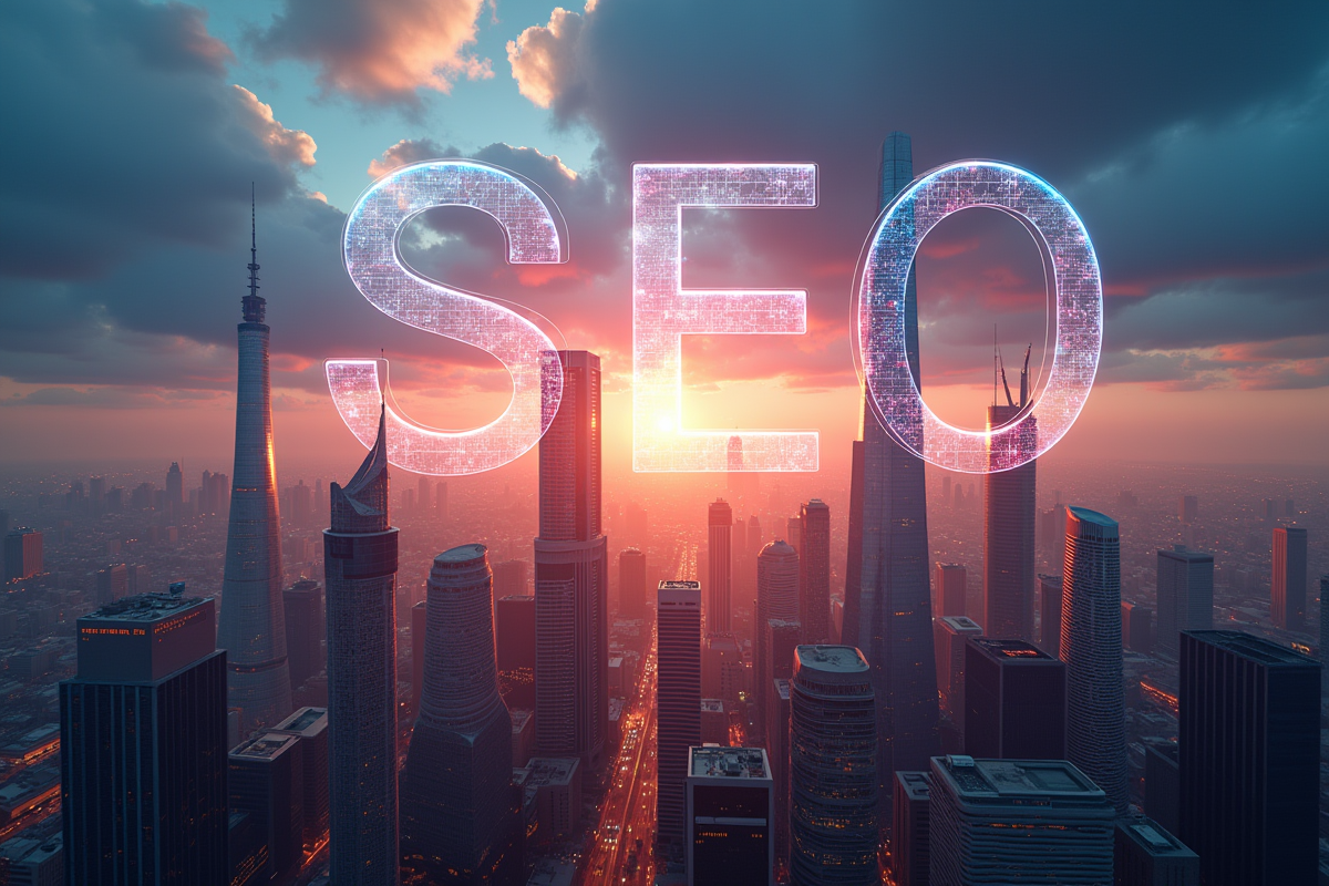 Cite futuriste avec icones SEO et graphiques numériques