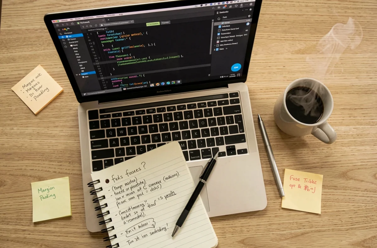 Vue aérienne d'un bureau avec code CSS de centrage, carnet de notes et mug, illustration de techniques de mise en page