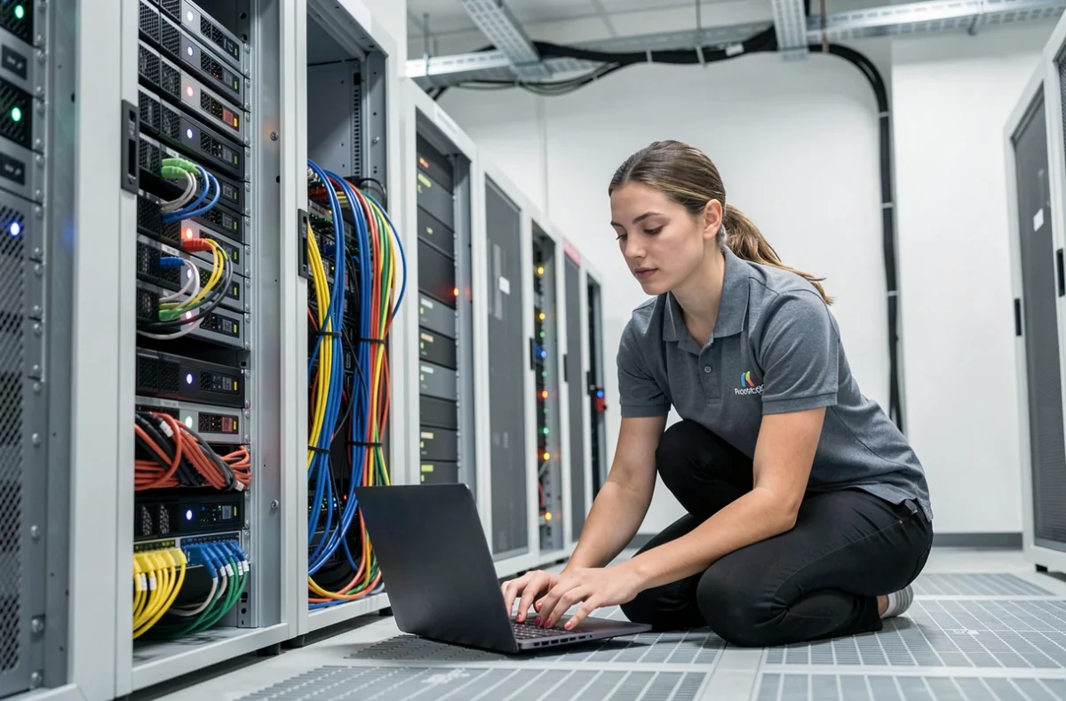 Technicienne IT de XEFI Nancy Est effectuant une maintenance sur un rack serveur dans une salle informatique